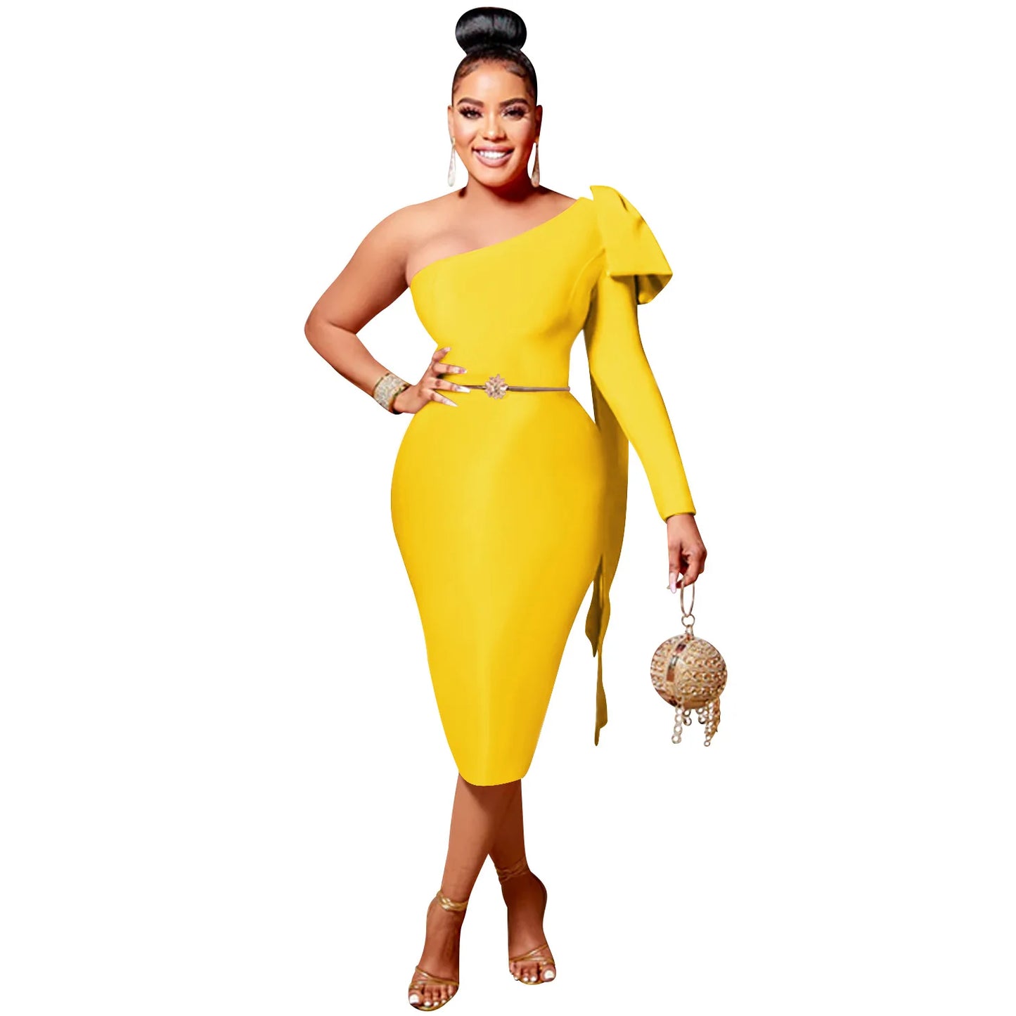 Women One Shoulder Skew Neck Bow Splicing One Long Sleeve Bodycon Midi Dress 2022 Sexy Party Prom Evenging Summer Dresses by DERILUJA LLC