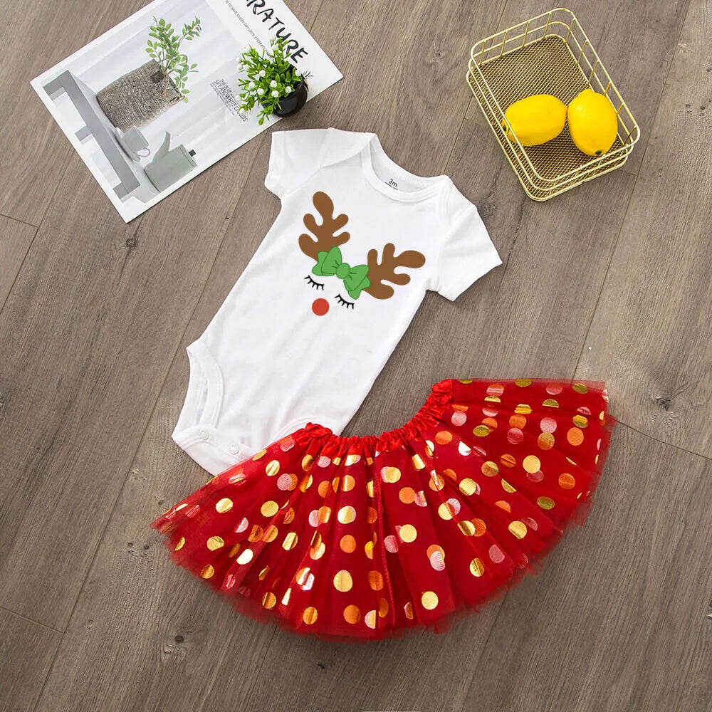 Deer Print Christmas Baby Romper & Tutu Set Christmas Girls Outfit Infant Baptism Short Sleeve Bodysuit Dress Xmas Outfits Skirt by DERILUJA LLC