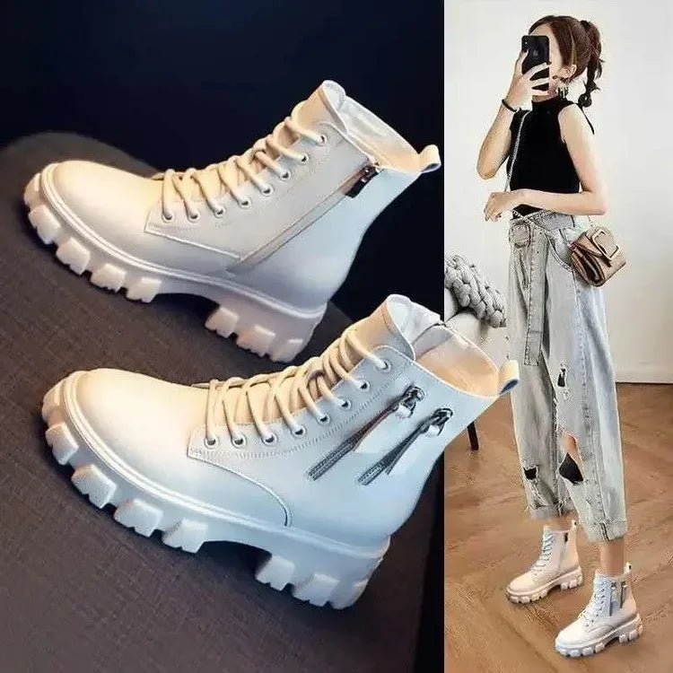 Pu Leather Platform Ankle Boots Women Lace-Up Zipper Thicked Plush Snow Boots Woman Winter Non-Slip Warm Cotton Shoes kodez