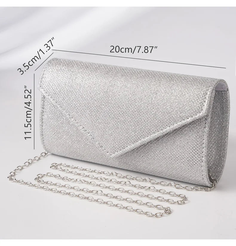 Glitter Envelope Handbag Women Silver Shiny Chain Shoulder Bag Ladies Mini Crossbody Flap Fashion Small Dress Day Clutch by DERILUJA LLC