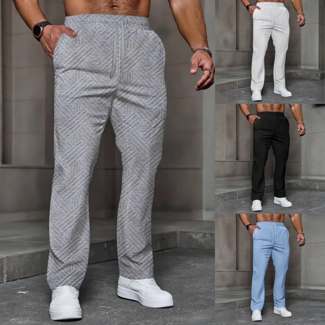 Men's sporty casual trousers, fashionable jacquard elastic waist street pants, solid-color loose all-season pants by DERILUJA LLC