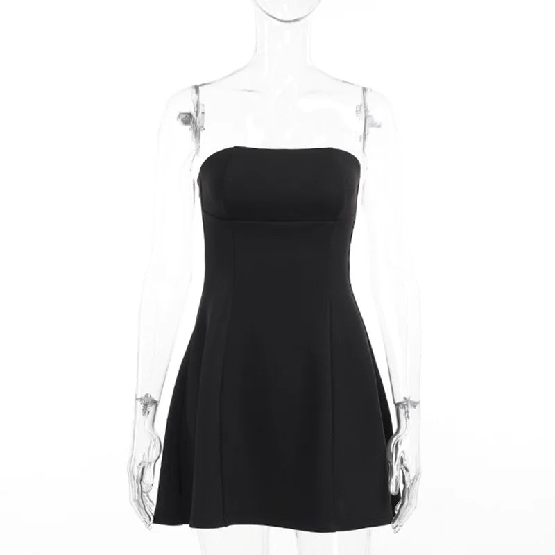 Mini Dresses Solid Patchwork High Waist Summer Fashion Female Bodycon Plunge Vacation Strapless Dress by DERILUJA LLC