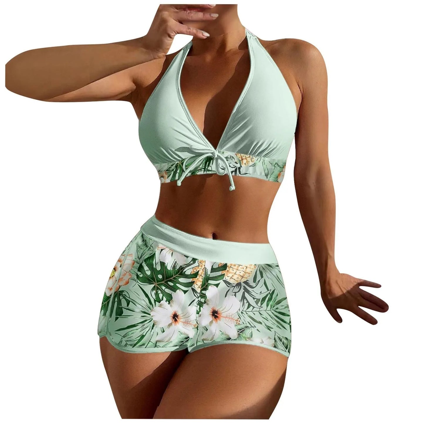 Women's Paneled Printed Swimsuit Ladies Fashion High Waist Swimsuit Two-Piece Set V-Neck Bathing Suits Female by DERILUJA LLC