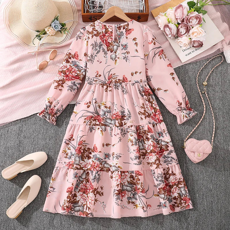 Kids Casual Dress for Girls 2026 New Spring Autumn Teenager Full Printing Long-Sleeved Dress Princess Dress Kids Daily Clothes