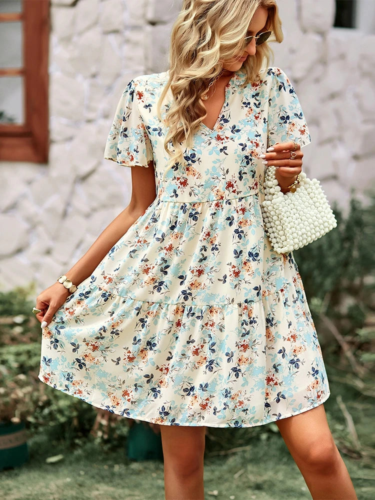 Spring Summer Fashion Women V Neck Short Sleeve Loose Chic Floral Printed Dress by DERILUJA LLC