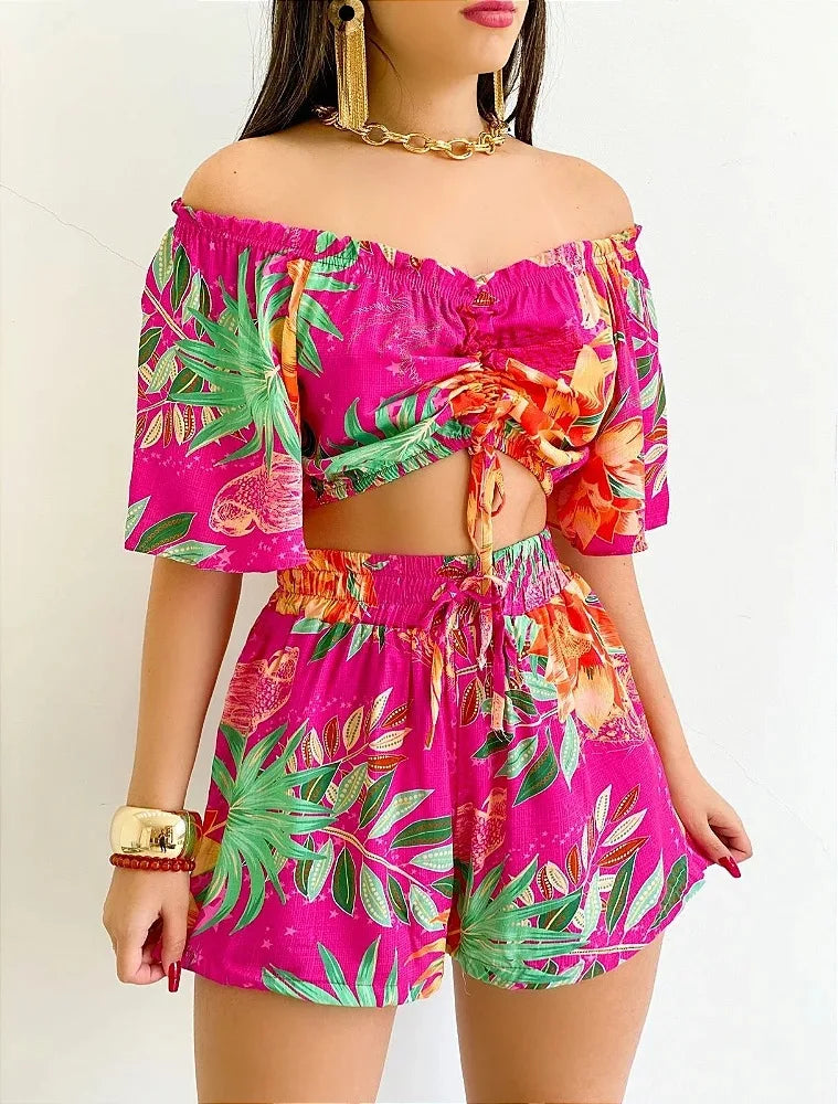 Shoulder Slash Neck T-shirt Shorts Set Office Lady Floral Print Lace Up Short Sleeve Two Piece Set Women Outfit 2026 by DERILUJA LLC