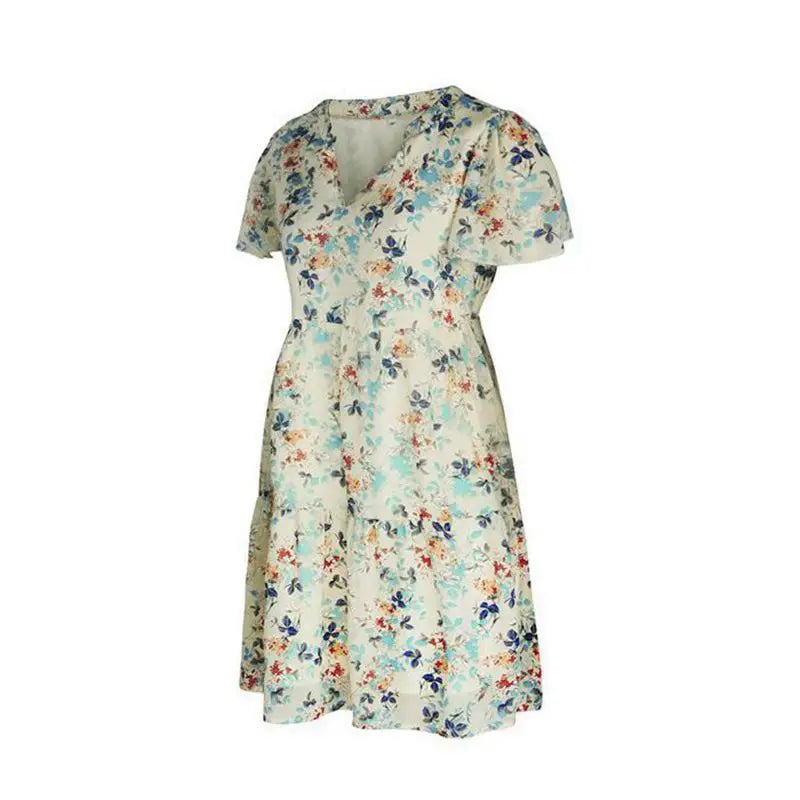 Spring Summer Fashion Women V Neck Short Sleeve Loose Chic Floral Printed Dress by DERILUJA LLC