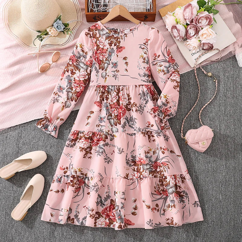 Kids Casual Dress for Girls 2026 New Spring Autumn Teenager Full Printing Long-Sleeved Dress Princess Dress Kids Daily Clothes
