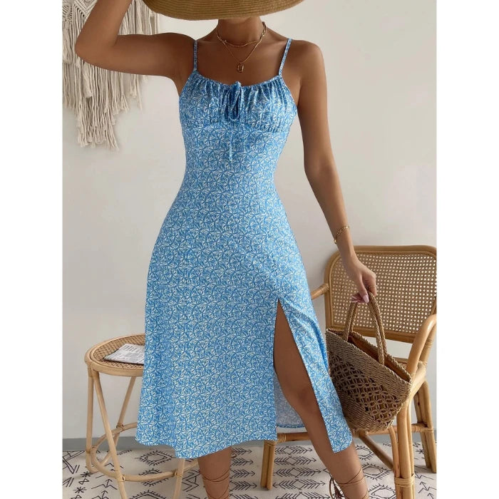 Dress Beach Style Floral Print Frock Lace-Up V-Neck Ruched Skirt Slit Hem Female Vestido by DERILUJA LLC