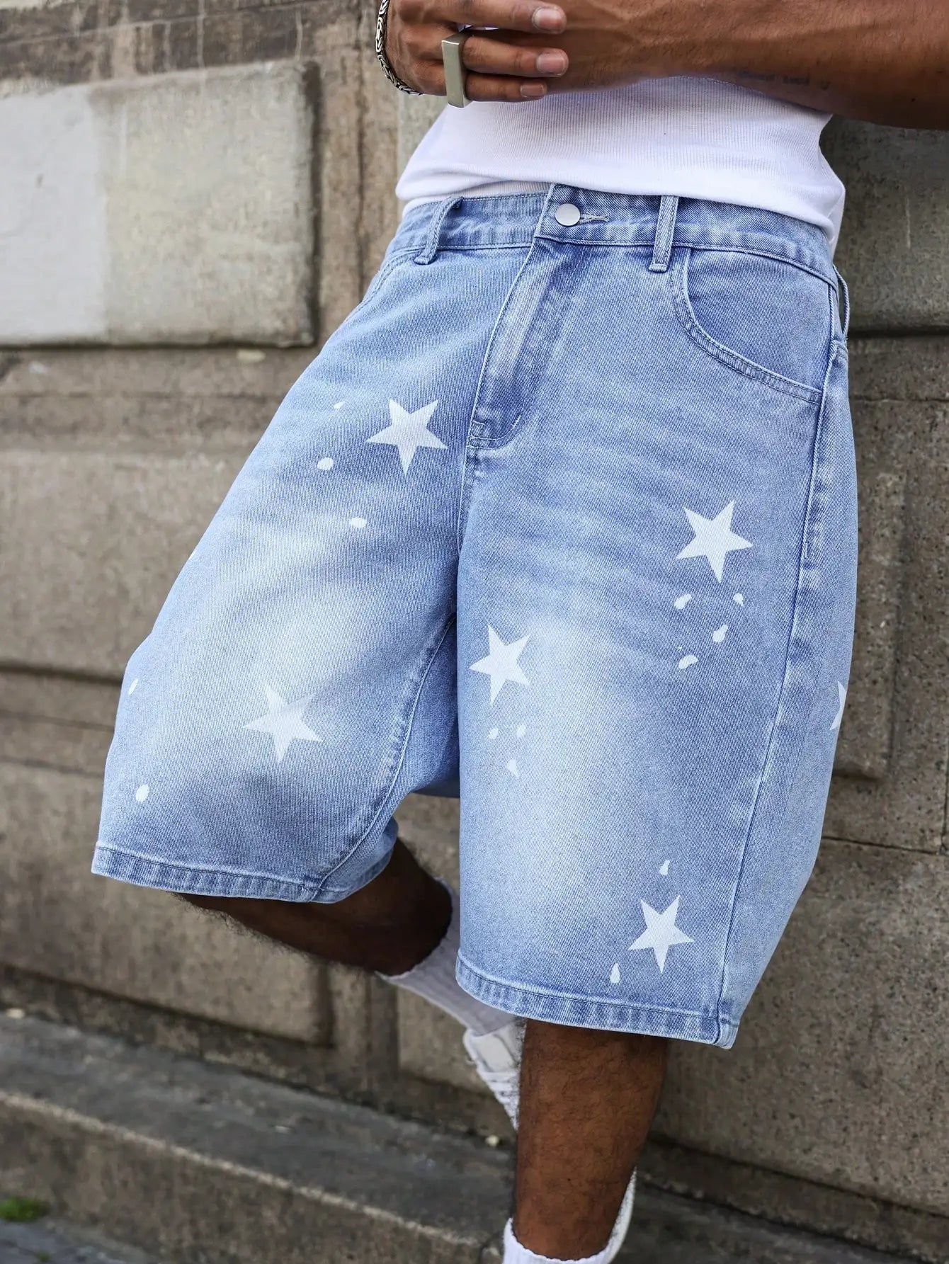 Men's blue denim shorts for spring and summer, with stars printed on the legs, are stylish and simple to match. by DERILUJA LLC