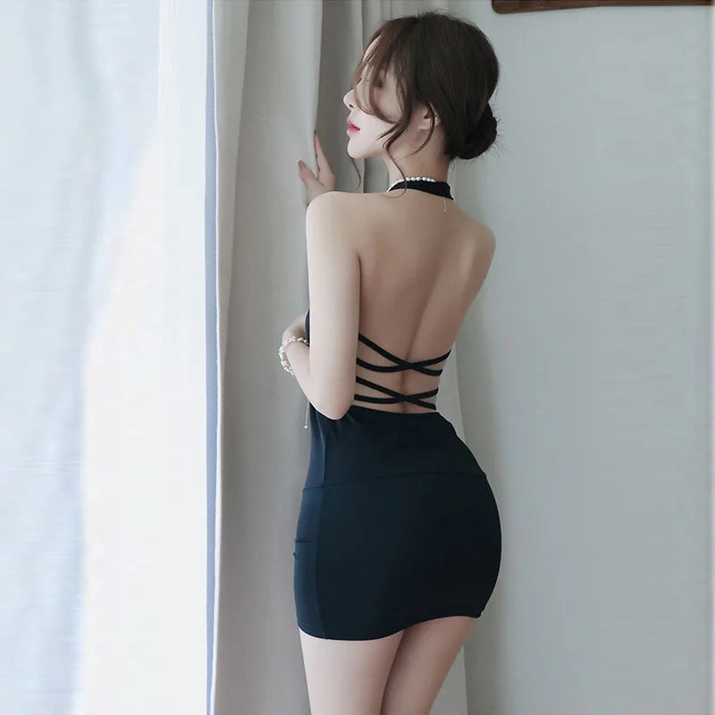 Dress Deep V-Neck Slim Hot Backless Mini Dress Female Bandage Halter Patchwork Mini Vestidos by DERILUJA LLC