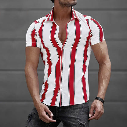 Summer New Men's Clothing Casual Men Stripes Printed Short Sleeve Turndown Collar Slim Hawaiian Shirt Cardigan Retro Trend Shirt