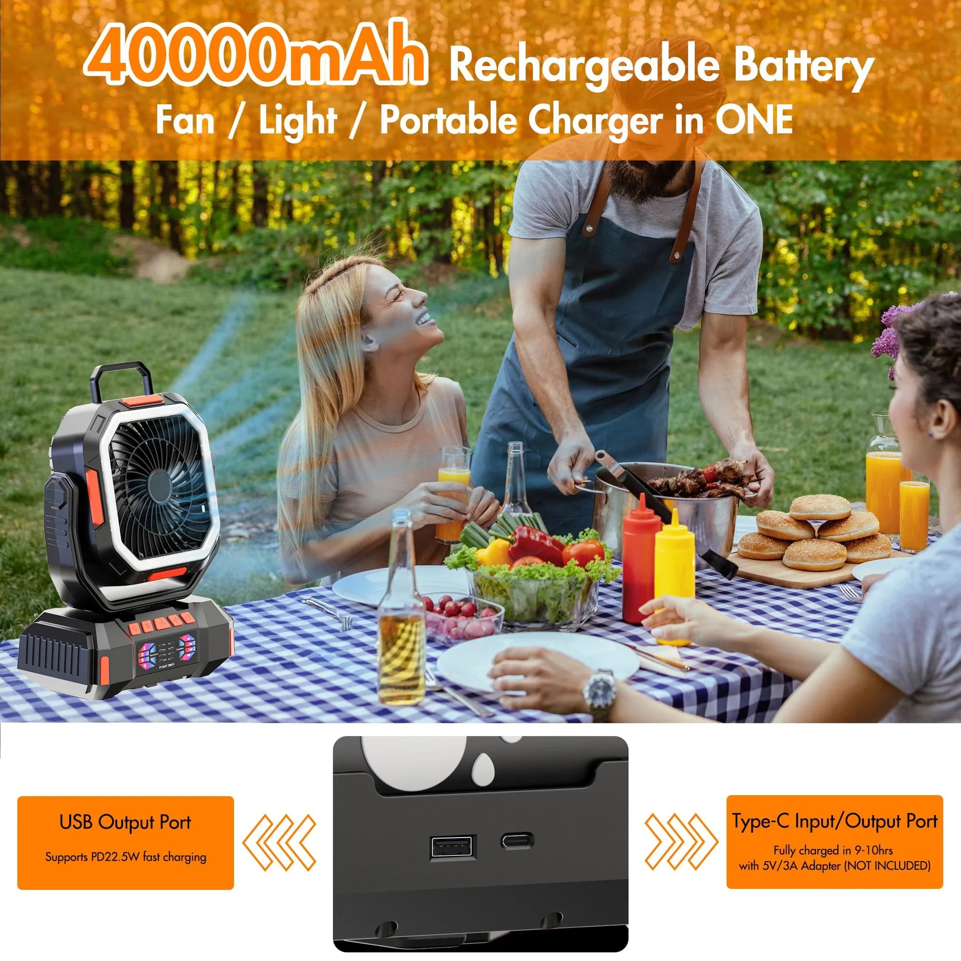 Rechargeable Portable camping Fan 40000mah 720° Rotating Hanging Fan Night Light Air Cooler Outdoor Camping Tent fans ventilador by DERILUJA LLC
