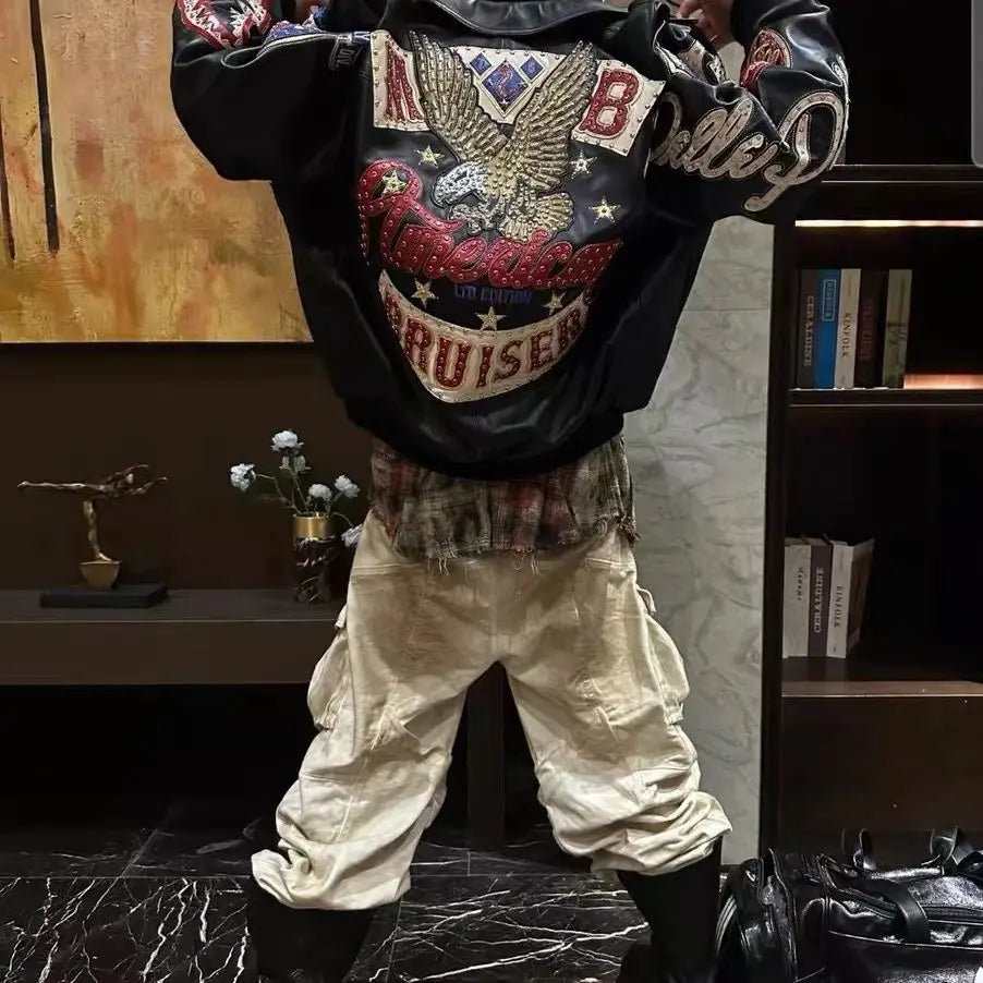 Heavy Industry Embroidery American Retro Motorcycle Coat Men's and Women's Stand Collar Flight Jacket Leather Jacket New Coat by DERILUJA LLC