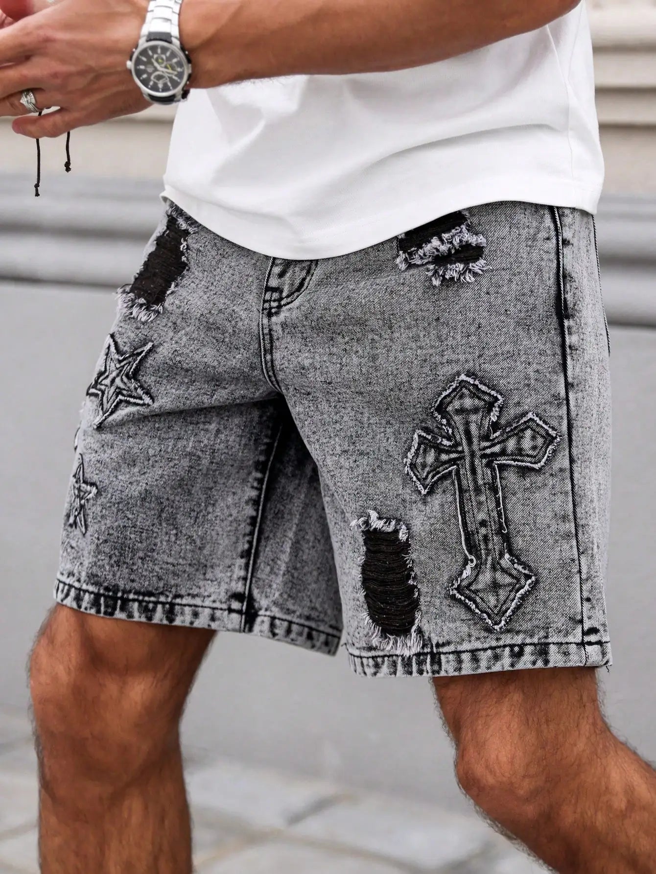 Men's Summer Denim Shorts. Straight-leg fit. Ripped design. Dark gray denim embroidered shorts by DERILUJA LLC