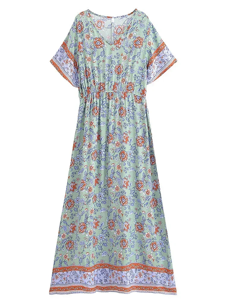 Maxi Dress Ladies V-neck Rayon Cotton Summer Boho Dresses Robe by DERILUJA LLC