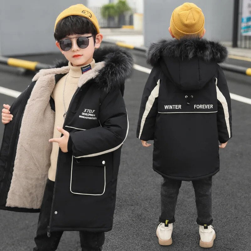 3 -14 Years Very Keep Warm Winter Boys Jacket 2023 Teenager Mid-Length Plus Velvet Thick Fur collarHooded Cotton Coat For Kids