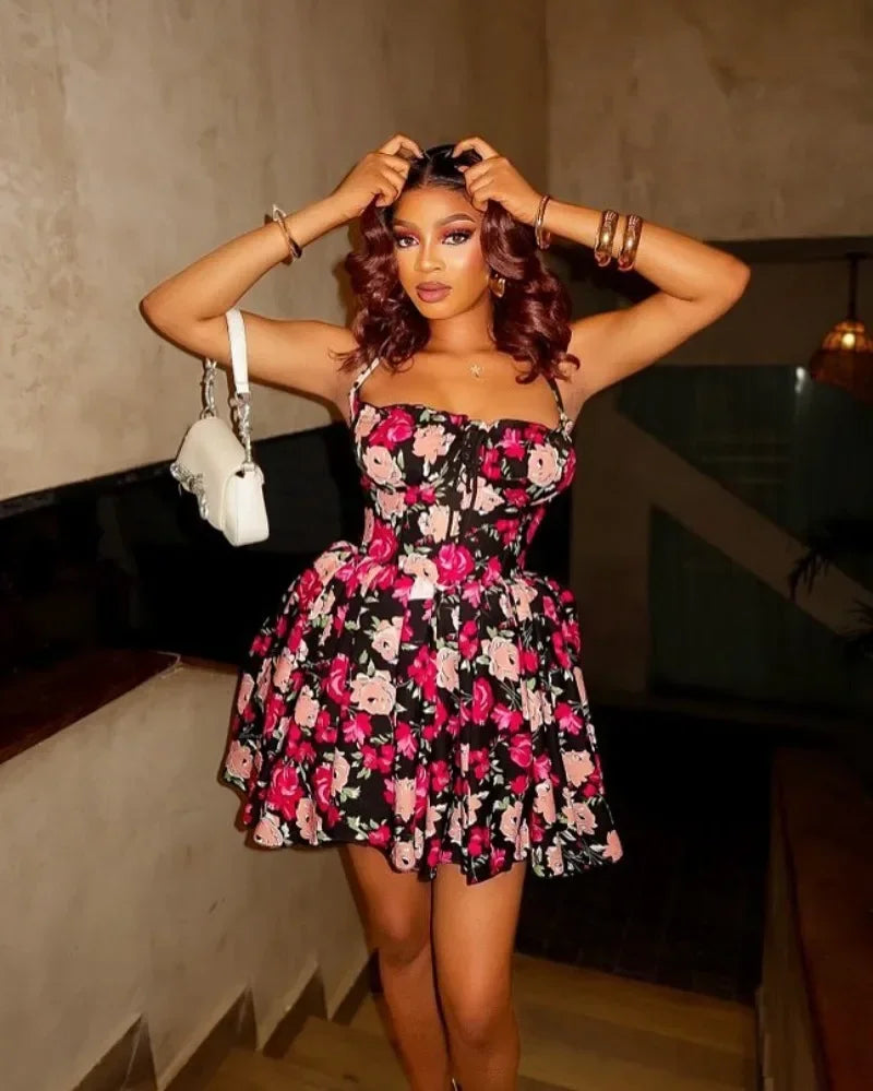 Dress Women Summer Fashion Women Sleeveless Polyester Printing Mini Dress Casual Beach Party Evening Dress by DERILUJA LLC
