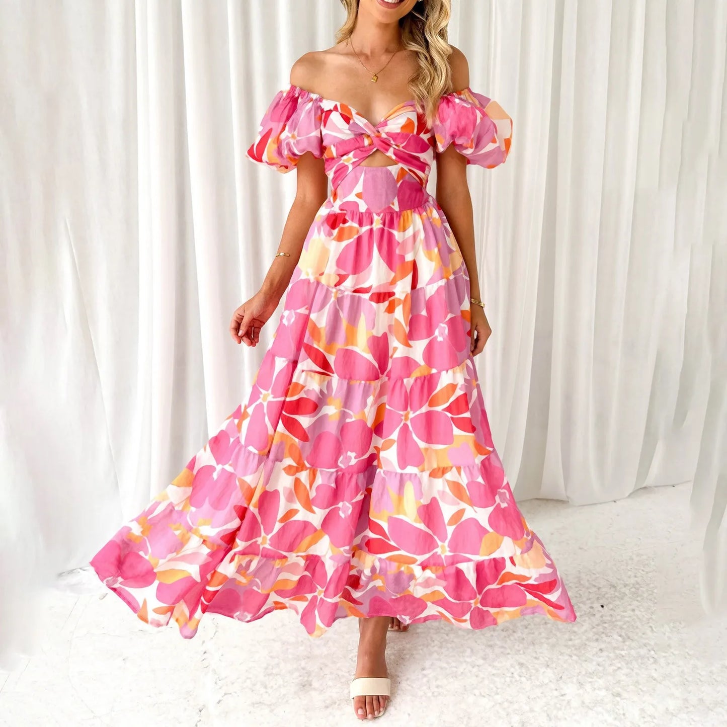 Summer V Neck Cutout Floral Print Dresses Elegant Women Puff Short Sleeve Casual Dress Pleated Waisted Swing Beach Long Dress 2026 by DERILUJA LLC