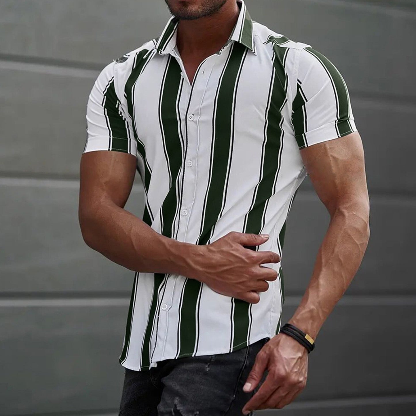 Summer New Men's Clothing Casual Men Stripes Printed Short Sleeve Turndown Collar Slim Hawaiian Shirt Cardigan Retro Trend Shirt