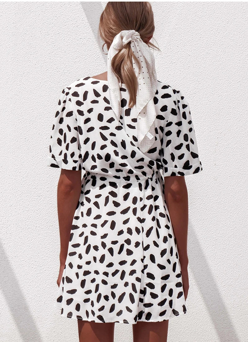 White Sand Spot Mini Summer Women V Neck Casual Beach Sundress Sexy Botton Wrap Bodycon Dress Female by DERILUJA LLC