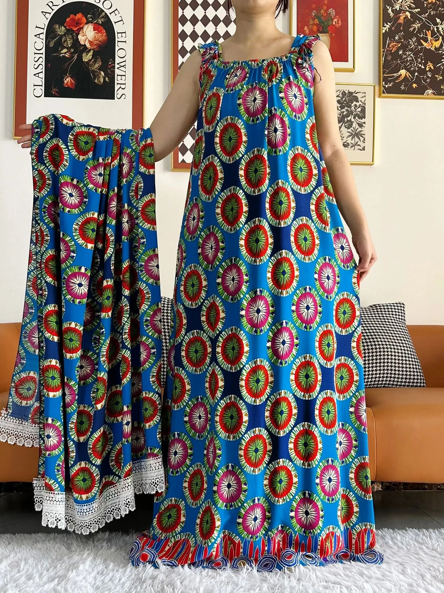 Cotton Summer Sleeveless Dress Print Floral Loose Women Casual Robe With Big Scarf by DERILUJA LLC