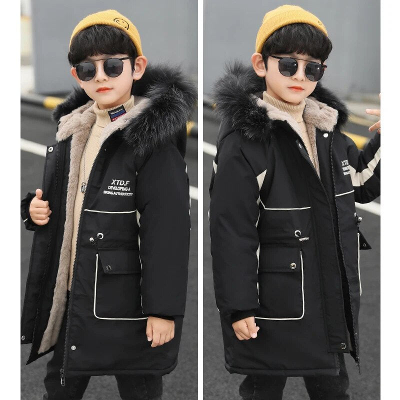 3 -14 Years Very Keep Warm Winter Boys Jacket 2023 Teenager Mid-Length Plus Velvet Thick Fur collarHooded Cotton Coat For Kids