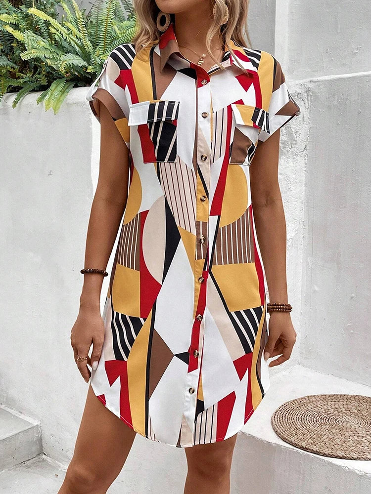 New Fashion Everyday Casual Ladies Short-sleeved Lapel Print Dress City Trend Single-breasted Dress 3D Printed Art Dress by DERILUJA LLC
