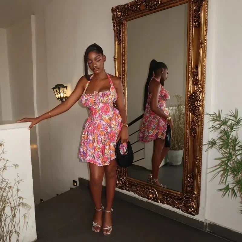 Dress Women Summer Fashion Women Sleeveless Polyester Printing Mini Dress Casual Beach Party Evening Dress