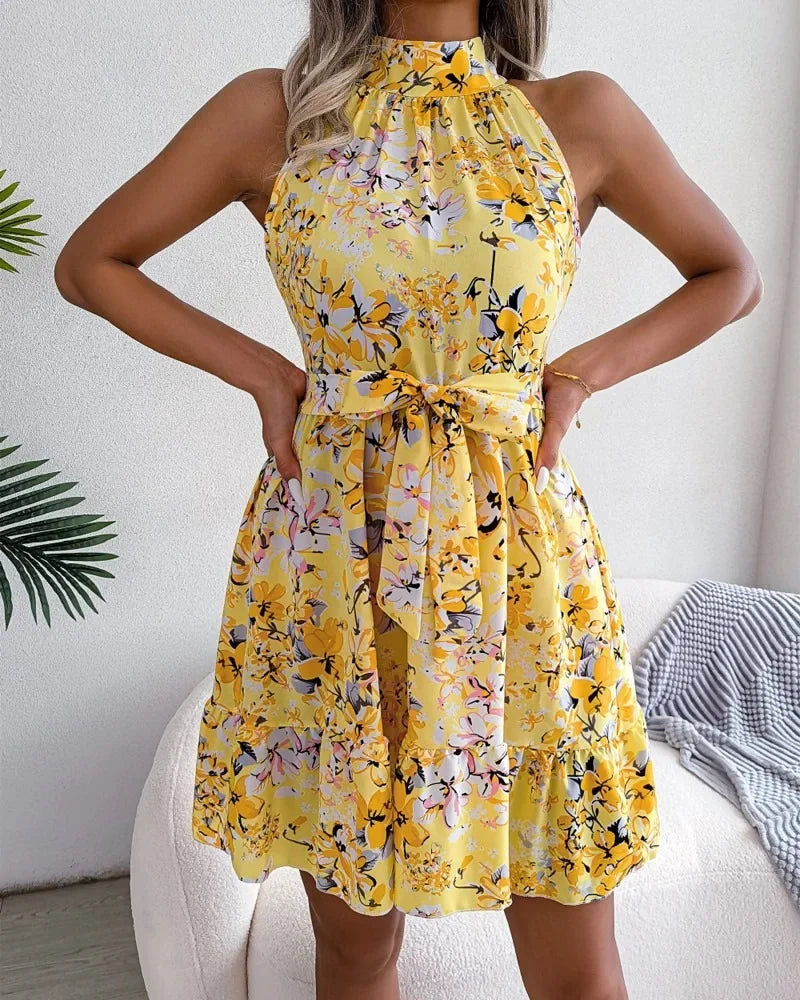 Spring Summer Floral Halter Neck Short Dresses Holiday Beach Sundress Casual Halter Short Dresses Clothes Women by DERILUJA LLC