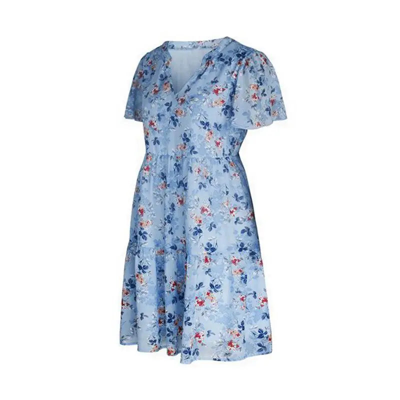 Spring Summer Fashion Women V Neck Short Sleeve Loose Chic Floral Printed Dress by DERILUJA LLC
