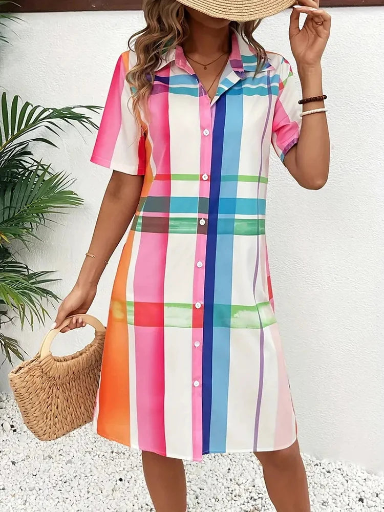 New Fashion Everyday Casual Ladies Short-sleeved Lapel Print Dress City Trend Single-breasted Dress 3D Printed Art Dress by DERILUJA LLC
