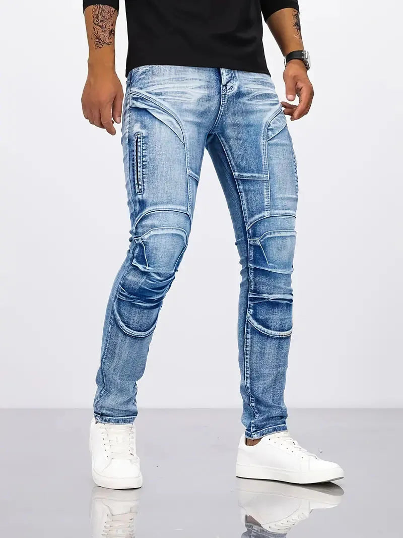 Two tone distressed patchwork jeans for men trendy jeans for summer thin straight leg pants slim fit small leg distressed jeans by DERILUJA LLC
