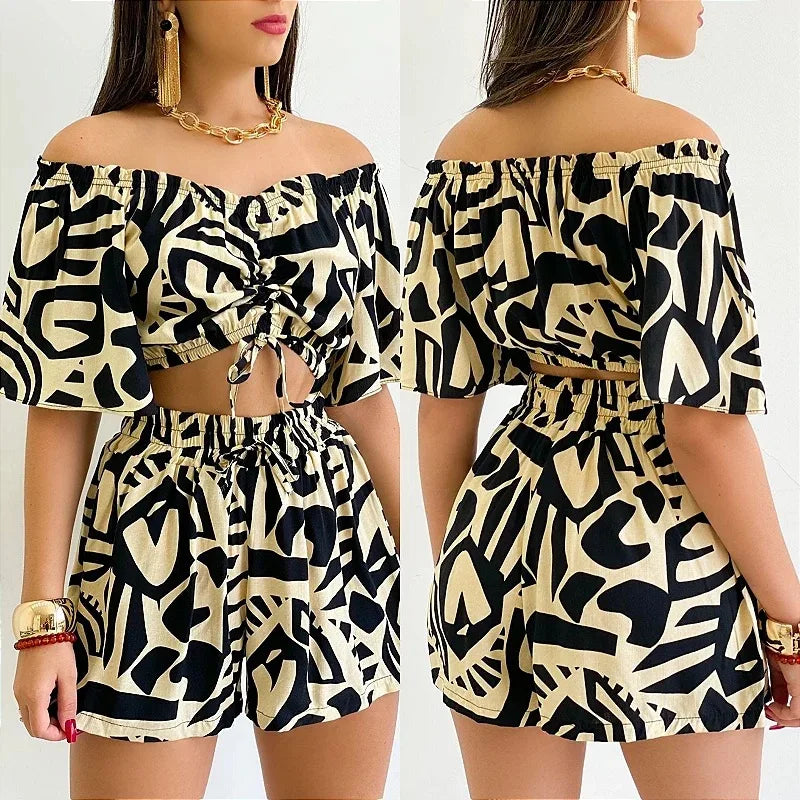 Shoulder Slash Neck T-shirt Shorts Set Office Lady Floral Print Lace Up Short Sleeve Two Piece Set Women Outfit 2026 by DERILUJA LLC