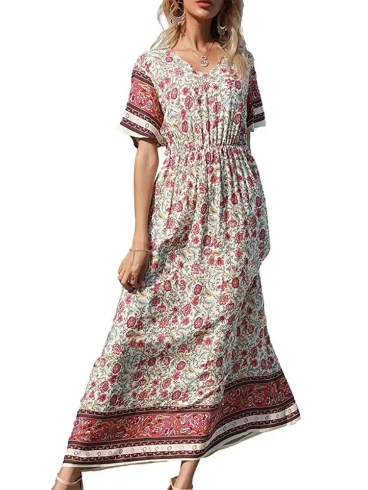 Maxi Dress Ladies V-neck Rayon Cotton Summer Boho Dresses Robe by DERILUJA LLC