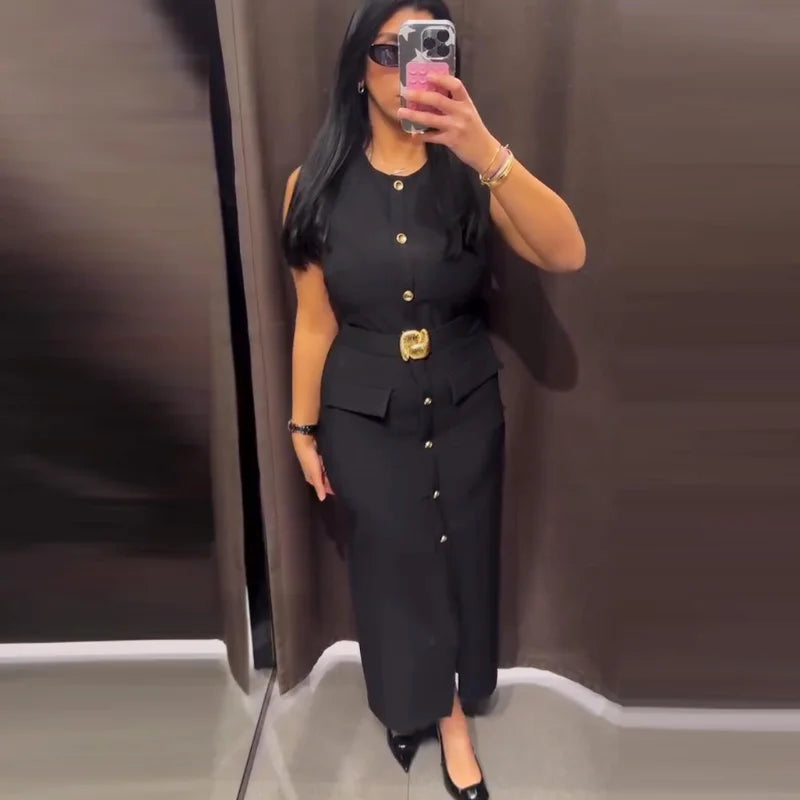 Long Dresses Summer 2026 Sleeveess Button Up Belt Sundress Vestidos by DERILUJA LLC