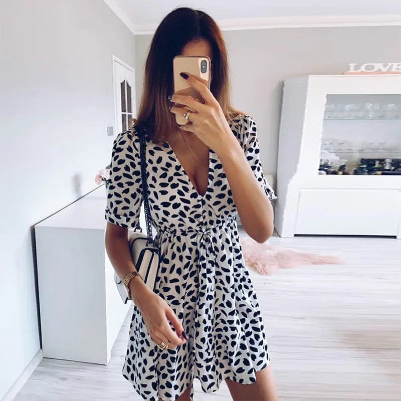 White Sand Spot Mini Summer Women V Neck Casual Beach Sundress Sexy Botton Wrap Bodycon Dress Female by DERILUJA LLC
