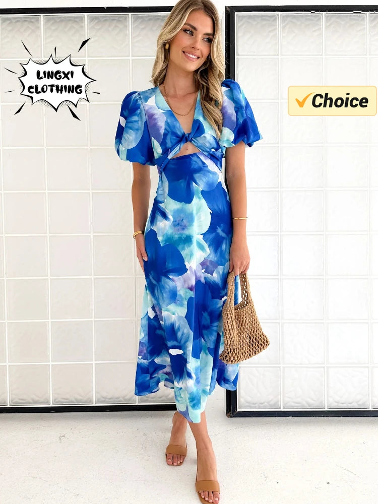 Summer Fashion New Women's PartyDress V-Neck Long Hollow Open Back Print A-line Long Bubble Sleeve Dress 2026 by DERILUJA LLC