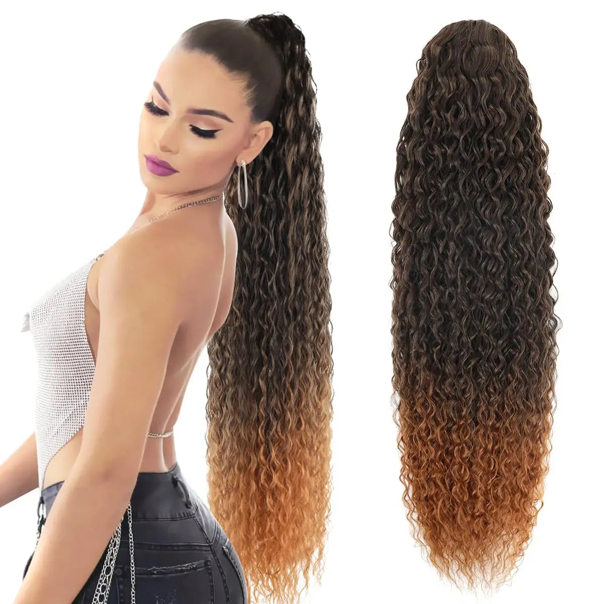 Synthetic Wig 24inch Long Curly Wave Drawstring Ponytail HairPieces Extension Heat Resistant Clip in For Women Girl by DERILUJA LLC