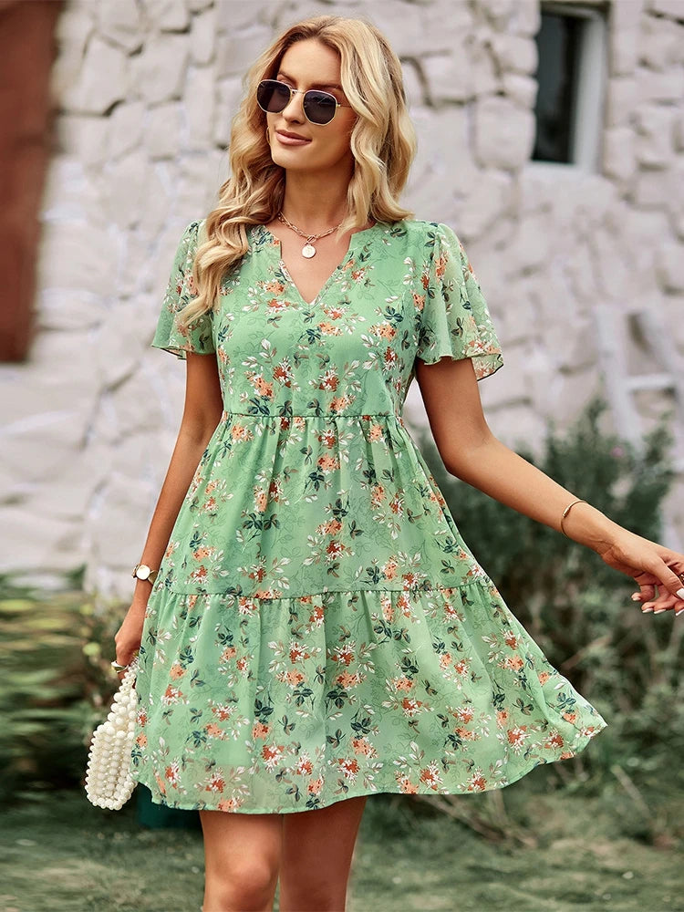 Spring Summer Fashion Women V Neck Short Sleeve Loose Chic Floral Printed Dress by DERILUJA LLC