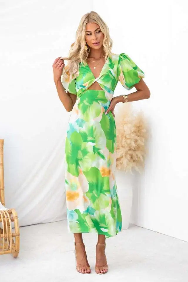 Summer Fashion New Women's PartyDress V-Neck Long Hollow Open Back Print A-line Long Bubble Sleeve Dress 2026 by DERILUJA LLC