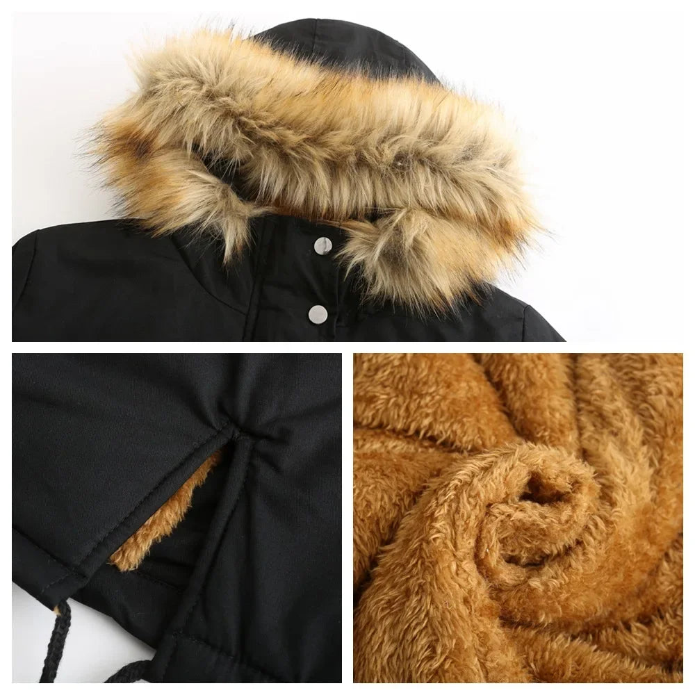 Women's Winter Jacket Warm Solid Plush Thickened Long Winter Coat Outdoor Hiking Fur Hooded Windproof Down Parka Coats Overcoat by My Store