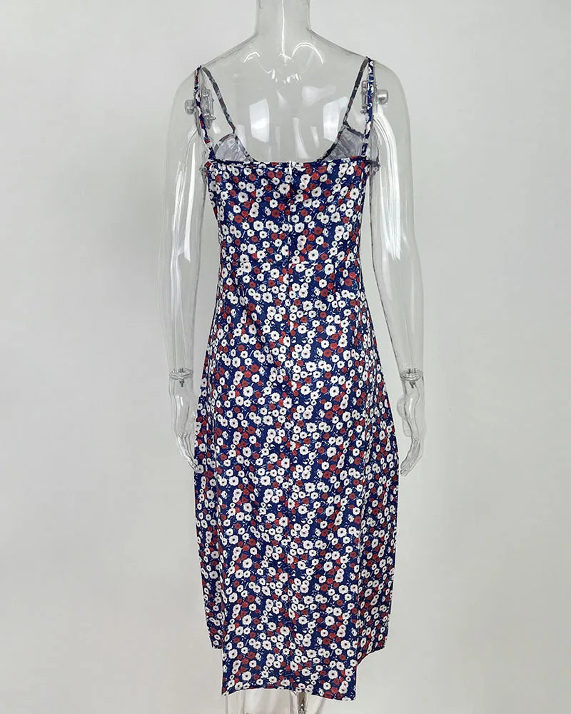Flower Printed Spaghetti Strap Dresses For Women Low Cut Beach Party Slim Slit Dress Chic Bodycon Lady Sleeveless Vestidos by DERILUJA LLC