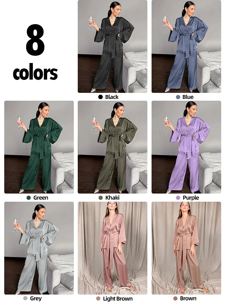 Pajama Sets Robes With Sashes Sexy Sleepwear Women Solid Satin Home Suit Wedding Night Silk Loungewear Loose Nightwear Pant Sets freo