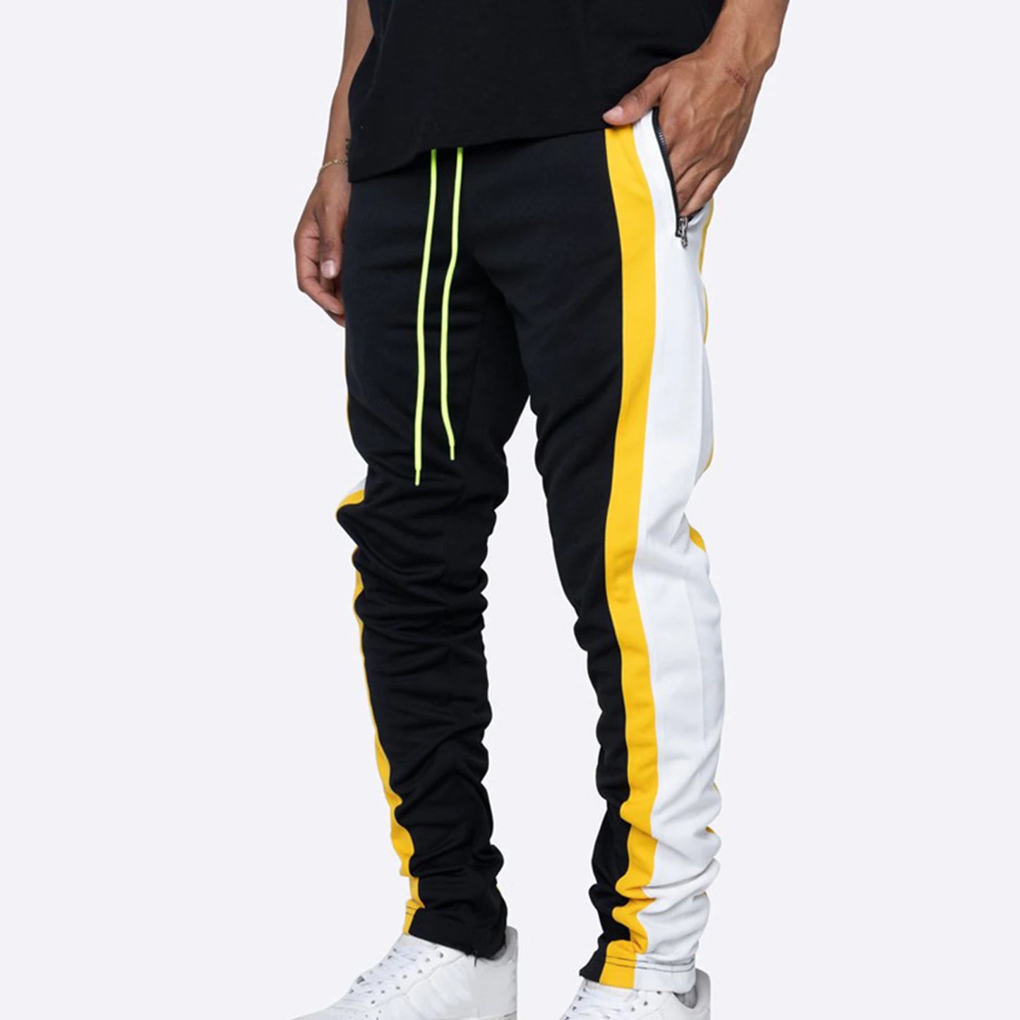 Spring Autumn Men Drawstring Zipper Pockets Sweatpants Sports Trousers Skinny Pants Contrast Color Men's Casual Loose Trousers