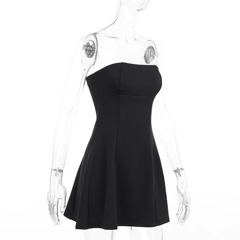 Mini Dresses Solid Patchwork High Waist Summer Fashion Female Bodycon Plunge Vacation Strapless Dress by DERILUJA LLC