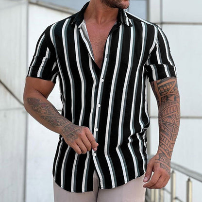 Summer New Men's Clothing Casual Men Stripes Printed Short Sleeve Turndown Collar Slim Hawaiian Shirt Cardigan Retro Trend Shirt