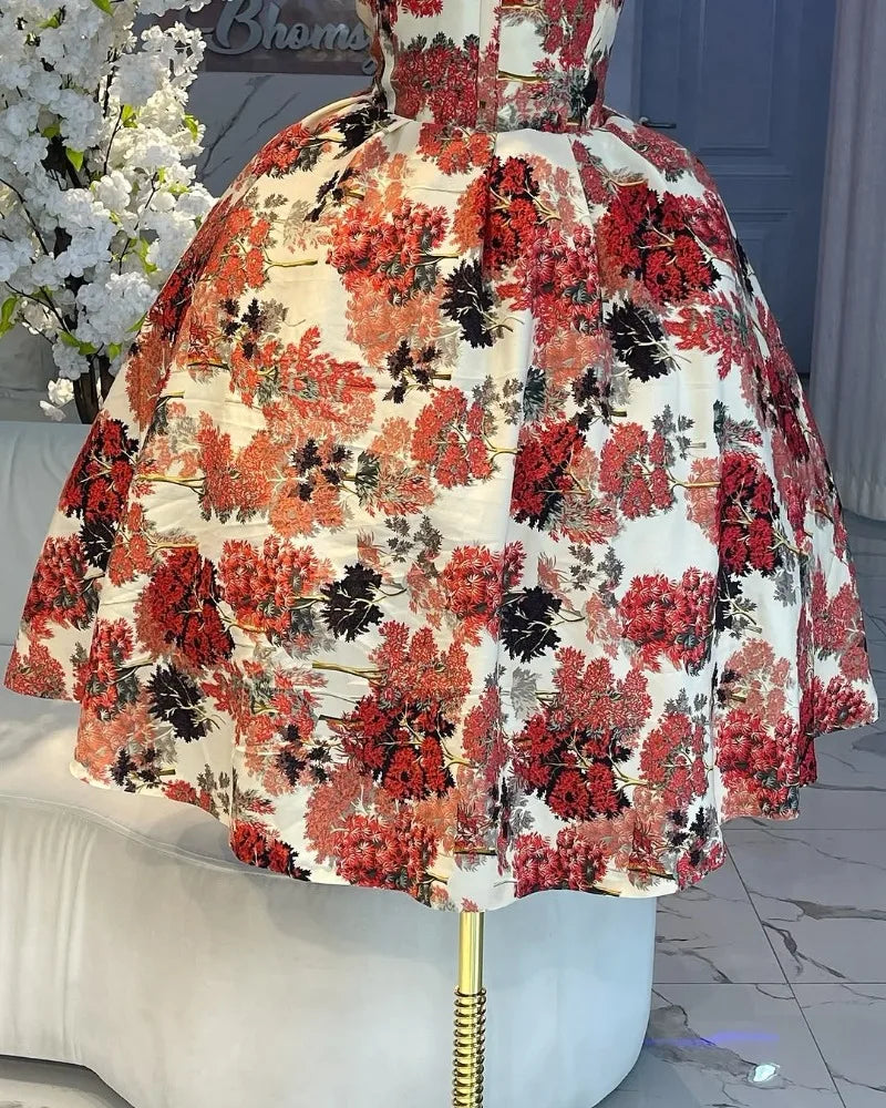 Elegant Floral Print A- Line Mini Dress with Bow Knot High Waist Slimming for Women Spring Season Fashion Casual Skirt