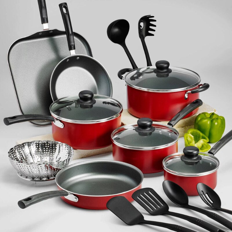 18 Piece Non-stick Cooking Pot Cookware Set, Steel Gray/Red Pots and Pans Set