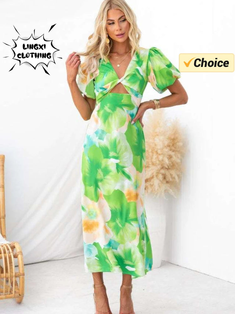 Summer Fashion New Women's PartyDress V-Neck Long Hollow Open Back Print A-line Long Bubble Sleeve Dress 2026 by DERILUJA LLC